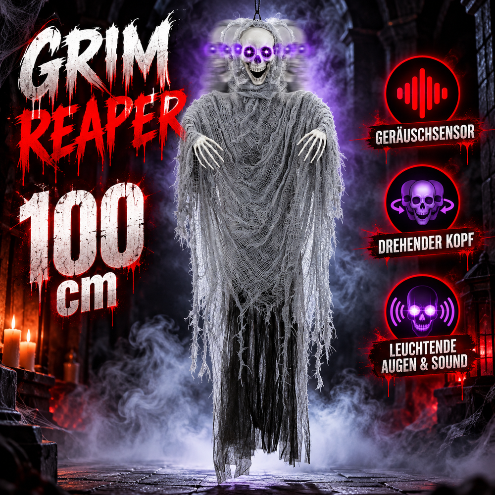Grim Reaper, animierte Halloween-Dekoration, 100 cm, KI-Produktinszenierung